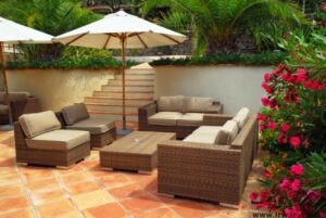 Comfortable-And-Fresh-Outdoor-Living-Room-With-Umbrella-And-Brown-Natural-Furniture-Ideas-For-Amazing-And-Affordable-Patio-Design-With-Unique-Furniture-Ideas-450x301