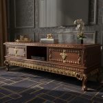 میز تلویزیون سلطنتی تمام چوب منبت کاری شده تانسو رنگ قهوه ای فندوقی تیره