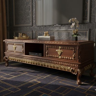 میز تلویزیون سلطنتی تمام چوب منبت کاری شده تانسو رنگ قهوه ای فندوقی تیره