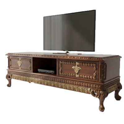 میز تلویزیون سلطنتی تمام چوب منبت کاری شده تانسو رنگ قهوه ای فندوقی تیره