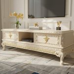 میز تلویزیون سلطنتی تمام چوب منبت کاری شده تانسو رنگ سفید سرگل طلایی