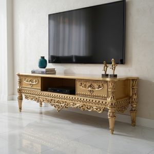میز تلویزیون آرتین منبت کاری شده چوب راش ترک سلطنتی طلایی جزئیات منبت میز تلویزیون آرتین، میز تی وی چوبی کلاسیک، نمای نزدیک میز تلویزیون منبت کاری
