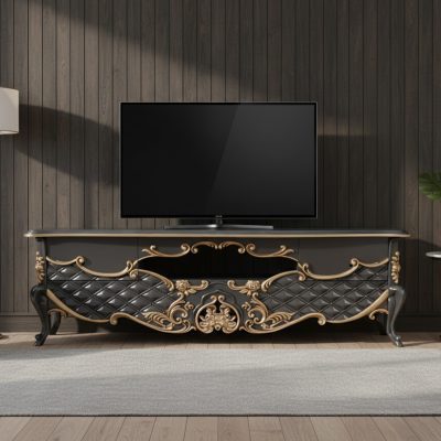 میز تلویزیون سلطنتی السانا چوب راش ایران چوب - خاکستری سر گل ورق طلا