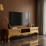 میز تلویزیون منبت (خام) آماده برای پوشش رنگ و رویه کوبی توسط مشتری، نجاری علی کرمانی نژاد