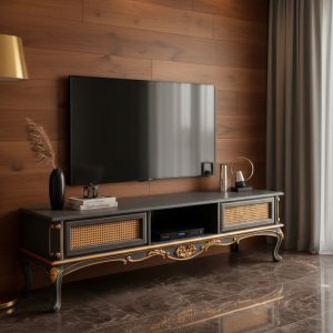 میز تلویزیون کلاسیک مدل راشل خام از جنس چوب راش ترکیه ای با منبت دست برای رنگ‌آمیزی و پتینه