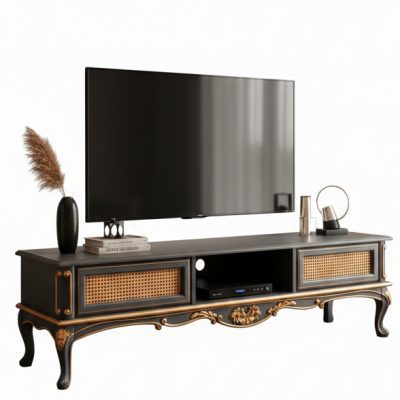 میز تلویزیون راشل چوبی منبت کاری شده با دست | چوب راش ترکیه ای | خام برای رنگ پذیری دلخواه | مدل سلطنتی