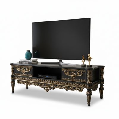 میز تلویزیون آرتین منبت کاری شده چوب راش ترک سلطنتی طلایی مشکی