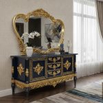 آینه کنسول آرتین، چوب راش منبت‌کاری شده، سبک سلطنتی و مجلل مشکی طلایی