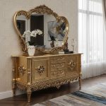 خرید آینه کنسول سلطنتی آرتین؛ میز کنسول شیک با آینه منبت‌کاری شده برای دکوراسیون منزل ورق طلا