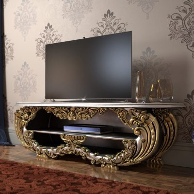 میز تلویزیون چوبی سلطنتی 160 سانتی‌متر بدون کشو طلایی نقره ای جزئیات منبت طلایی میز تلویزیون روشا (نمای نزدیک)