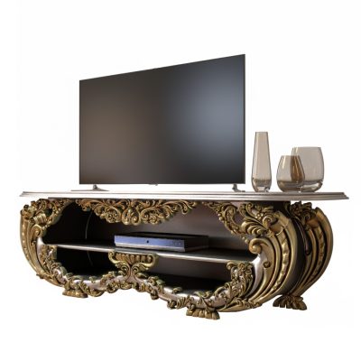 میز تلویزیون چوبی سلطنتی 160 سانتی‌متر بدون کشو طلایی نقره ای جزئیات منبت طلایی میز تلویزیون روشا (نمای نزدیک)